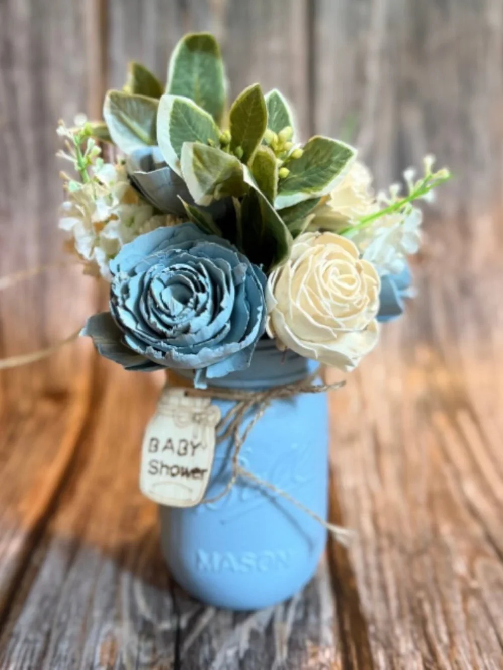Blue Cream Sola Wood Floral Arrangement Mason Jar Baby Boy Shower Nursery Decor